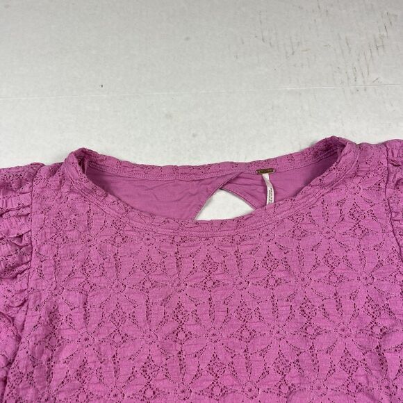 Free People Tea Time Blouse Pink Lace Open Back Boho Romantic Puff Sleeve Large - Picture 4 of 10